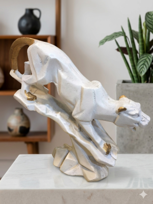 The Alabaster Prowler – Geometric White & Gold Panther Sculpture