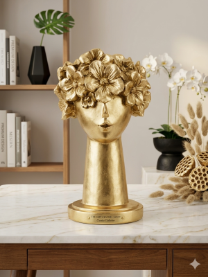 The Golden Petal Muse – Hand-Finished Floral Head Vase Sculpture