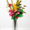 Premium Mixed Tropical Floral Arrangement – Vibrant Pink, Yellow, and Crimson Faux Blooms in Fluted Glass Vase – Luxury Home Centerpiece