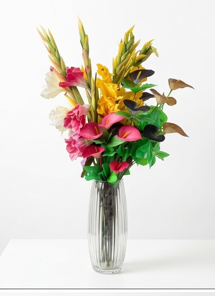 Premium Mixed Tropical Floral Arrangement – Vibrant Pink, Yellow, and Crimson Faux Blooms in Fluted Glass Vase – Luxury Home Centerpiece