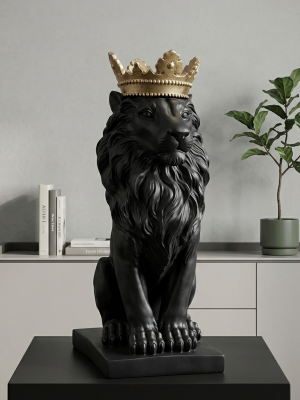 Royal Black & Gold Crowned Lion King Statue – Premium Hand-Finished Tabletop Sculpture for Luxury Home Decor