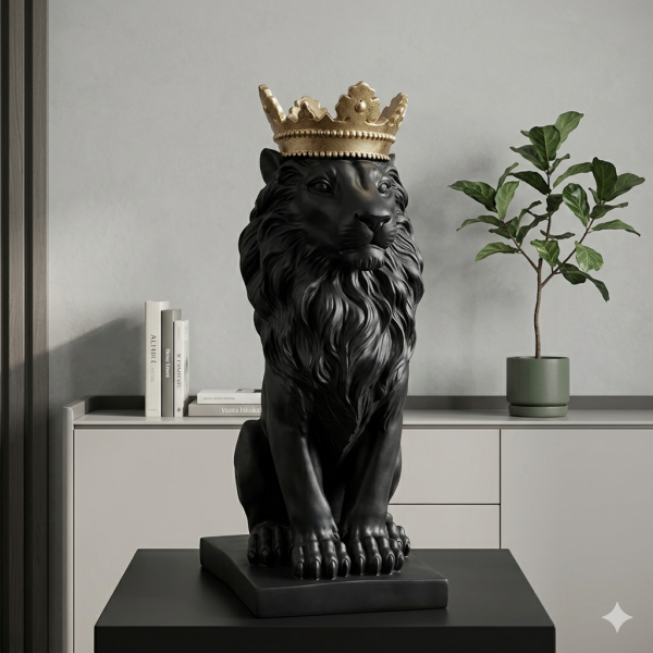 Royal Black & Gold Crowned Lion King Statue – Premium Hand-Finished Tabletop Sculpture for Luxury Home Decor