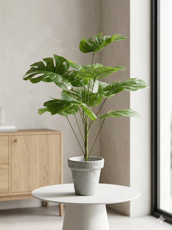 Premium Artificial Monstera Deliciosa – Lifelike Faux Swiss Cheese Plant in Textured Grey Stone Pot – Modern Luxury Home & Office Decor