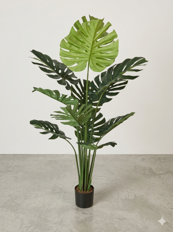 130cm Artificial Monstera Plant with Pot - Two-Tone Green Faux Swiss Cheese Plant