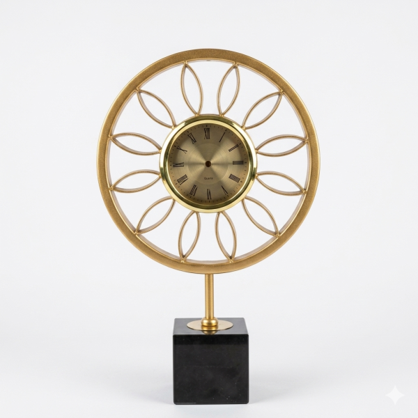 Premium Gold Floral Geometric Desk Clock – Modern Metal Art Timepiece with Solid Black Marble Base