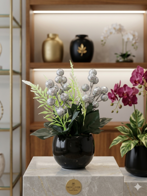 The Celestial Stardust Berry – Premium Glitter Faux Plant in Obsidian Gloss Pot