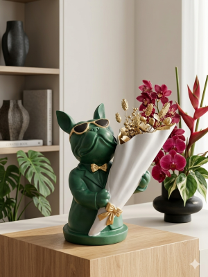 The Dapper Frenchie – Emerald Green Bulldog Statue & Floral Vase