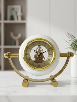 Gemini_Generated_Image_xx0z5txx0z5txx0z Premium Mechanical Style Skeleton Table Clock – White Ceramic Finish with Exposed Gold Gearwork