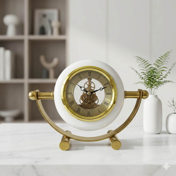 Premium Mechanical Style Skeleton Table Clock – White Ceramic Finish with Exposed Gold Gearwork